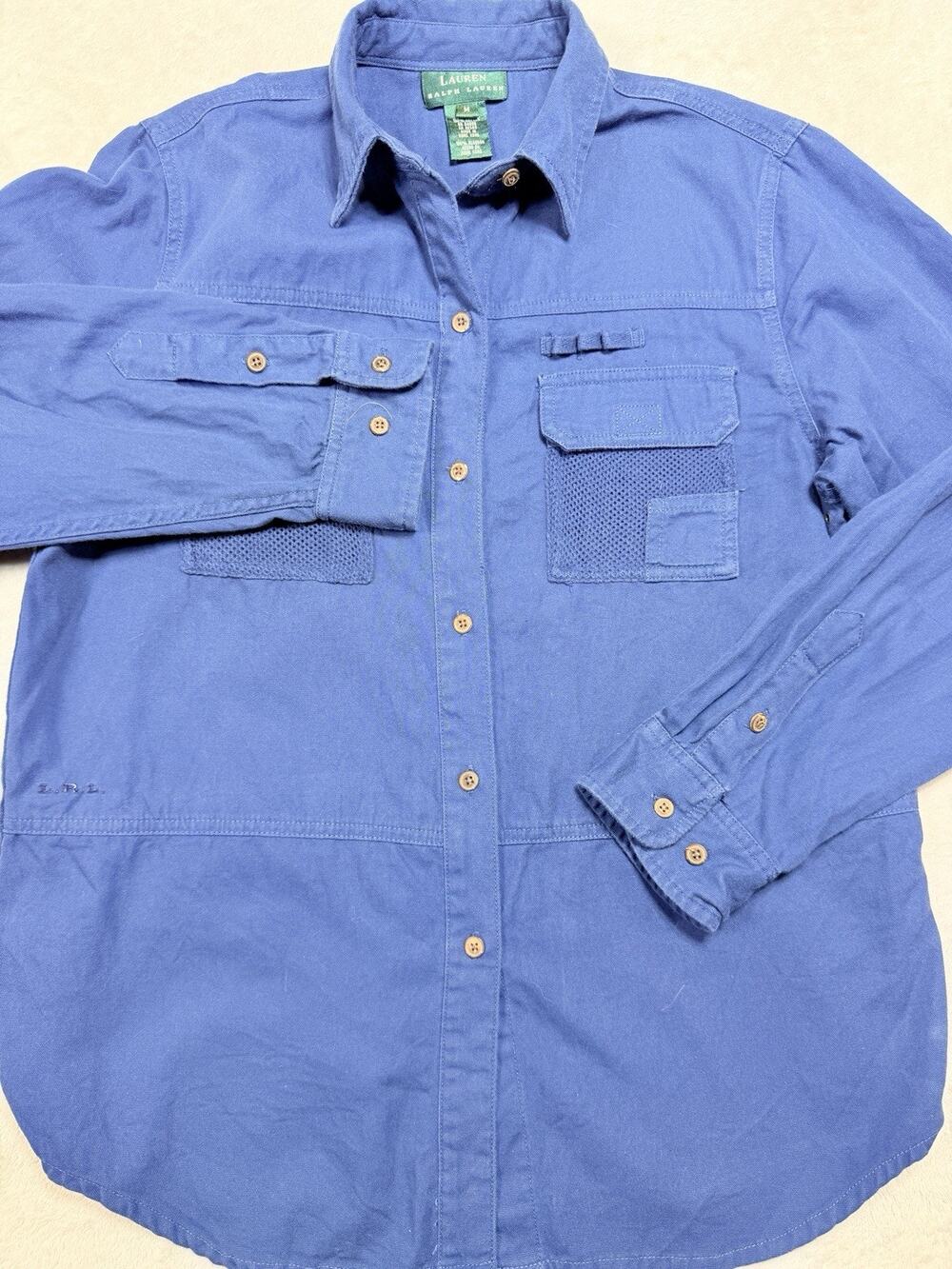 Vtg Lauren Ralph Lauren Blue Fishing Safari Shirt Mesh Pockets Gorpcore Sz Med